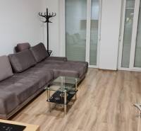 Einzimmerwohnung mit einem bequemen Sofa, einem Glastisch und einem Boden in Holzoptik.