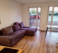 Wohnbereich in einem Einzimmerapartment mit violettem Sofa und Holzboden.