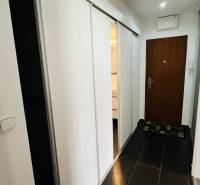 Flur in einer 3-Zimmer-Wohnung mit Schiebetüren und dunkelbraunem Boden.
