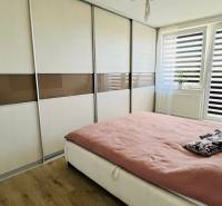 Schlafzimmer mit Einbauschrank, Holzboden und großem Fenster in einer 3-Zimmer-Wohnung.
