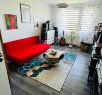 Ein Zimmer mit einem roten Sofa und einem Holzboden in einer 3-Zimmer-Wohnung.