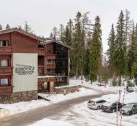 Ferienwohnung in Poprad, umgeben von verschneitem Wald und Parkplätzen.