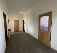 Chodba v rodinnom dome s podlahou s dreveným dekorom a drevenými dverami.