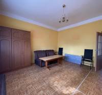 Obývacia izba v rodinnom dome s podlahou s dreveným dekorom a sedačkou.