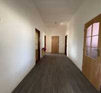 Chodba v rodinnom dome s podlahou s dreveným dekorom a dverami.