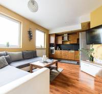 Wohnzimmer in einer 2-Zimmer-Wohnung mit Küchenzeile und Holzboden.