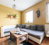 Wohnzimmer in einer 2-Zimmer-Wohnung mit Holzboden und bequemen Sitzgelegenheiten.