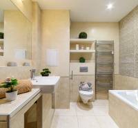 Badezimmer in einer 2-Zimmer-Wohnung mit Badewanne, Waschbecken und Dekorationen auf den Regalen.