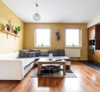 Wohnzimmer in einer 2-Zimmer-Wohnung mit Küche und Boden in Holzoptik.