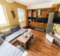 Wohnzimmer mit Holzboden, Sofa und Küchenzeile in einer Zweizimmerwohnung.