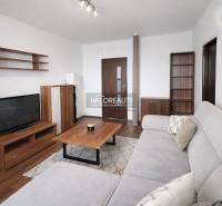 Wohnzimmer mit Holzboden, Sofa und Fernseher in einer Vierzimmerwohnung.