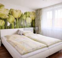 Schlafzimmer in einer 4-Zimmer-Wohnung mit Tapete mit Tulpenmotiv und einem Bett auf dem Boden mit Holzdekor.