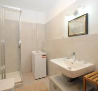 Badezimmer mit Waschbecken, Waschmaschine und Duschkabine in einer Einzimmerwohnung.