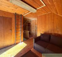 Innenraum einer Hütte mit Holzdekorverkleidung und -boden, Sofa und Leiter.