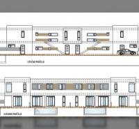 Grundriss eines zweistöckigen Einfamilienhauses mit Garage und modernen Fassadenelementen.
