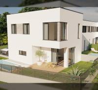 Ein Einfamilienhaus in der Stadt Nin mit Garten, Pool und Terrasse, umgeben von Grün.