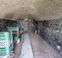 Steinkeller mit Regalen und Plastikkisten in den Weinbergen.