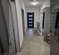 Flur mit Holzboden in einem Einfamilienhaus mit Spiegel und Einbauschrank.