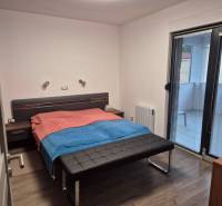 Schlafzimmer im Einfamilienhaus mit Holzboden und Zugang zum Balkon.