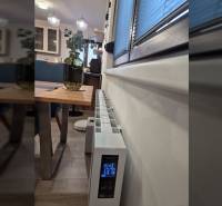 Innenraum eines Einfamilienhauses mit dekorativem Tisch, Heizgerät und Boden mit Holzdekor.