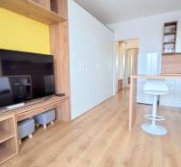Einzimmerwohnung mit Holzboden, Fernseher, weißer Kücheneinrichtung und Barhockern.