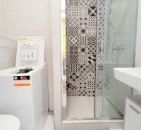Badezimmer in einem Studio-Apartment mit Waschmaschine und Duschkabine, dekorative Fliesen.
