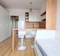 Einzimmerwohnung mit Küche, Bett und Stauraum, Boden mit Holzdekor.