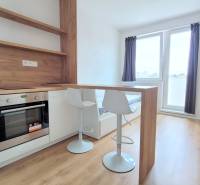 Einzimmerwohnung mit Küchenzeile, Stühlen und Boden in Holzoptik.