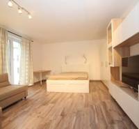 Wohnbereich in einer Einzimmerwohnung mit Bett und Boden in Holzoptik.