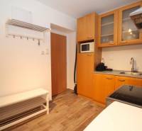 Küche in einer Einzimmerwohnung mit Küchenzeile, Geräten und Boden in Holzoptik.