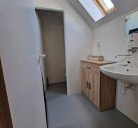 Badezimmer mit Dachfenster, hellen Fliesen und Holzmöbeldekor in Geschäftsräumen.