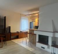 Küche und Wohnzimmer mit Kamin und Bartresen, Boden mit Holzdekor.