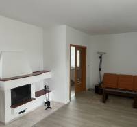 Wohnzimmer mit Kamin, orangefarbenem Sofa, Holzboden und Glastisch.