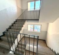 Eine Treppe in einem Studio-Apartment mit Fenstern, weißen Wänden und einem Metallgeländer.