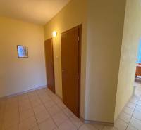 Flur in einer 2-Zimmer-Wohnung mit Fliesen und Holztüren.