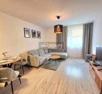 Wohnzimmer in einer 2-Zimmer-Wohnung mit Ecksofa und Fernseher, Boden mit Holzdekor.