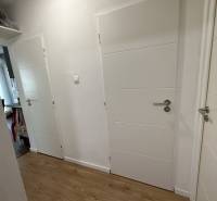 Der Flur in einer 4-Zimmer-Wohnung mit weißen Türen und einem Boden in Holzoptik.