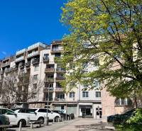 Wohnhaus am Dulovo námestie in Bratislava - Ružinov mit Bäumen und geparkten Autos.