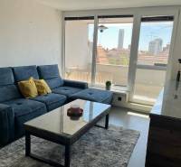 Wohnzimmer in einer 3-Zimmer-Wohnung mit dunklem Sofa, Couchtisch und großen Fenstern.