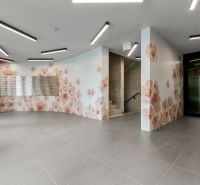 Eingangshalle mit Mosaikwand, Briefkästen und Fliesenboden.