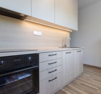 Küche in einer 3-Zimmer-Wohnung mit Holzdekor, eingebautem Ofen und Kühlschrank.