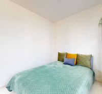 Bett mit bunten Kissen neben einem Bücherregal in einer Einzimmerwohnung.