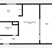 Grundriss einer 1-Zimmer-Wohnung mit Terrasse, Wohnzimmer und Küche, Schlafzimmer und Badezimmer.