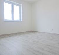 Ein leerer Raum mit weißen Wänden und einem Boden in Holzoptik in einem Einfamilienhaus.