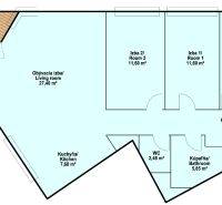 Grundriss einer 4-Zimmer-Wohnung mit Loggia und Küche, der die Anordnung der Räume zeigt.
