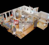 3D-Grundriss einer 2-Zimmer-Wohnung mit Badezimmer, Küche und Wohnzimmer.