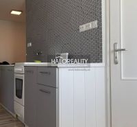 Eine Küche mit grauen Schränken und einem Holzboden in einer 2-Zimmer-Wohnung.