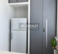 Küchenbereich mit Kühlschrank und grauem Einbauschrank in einer Zweizimmerwohnung.