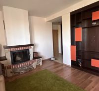 Wohnzimmer mit Kamin, Regalsystem und Bodenbelag in Holzoptik.