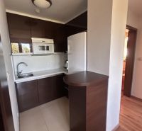 Küchenecke in einer 3-Zimmer-Wohnung mit Holzboden und dunklen Schränken.